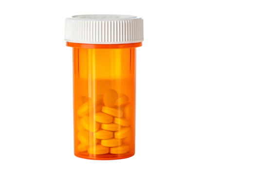 Pills in orange prescription bottle on transparent background