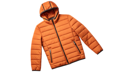 Orange puffer jacket with hood isolated on transparent background