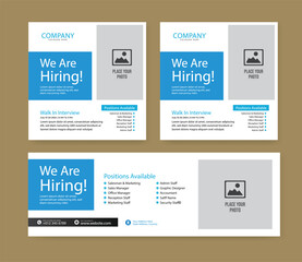 We are hiring job vacancy social media post banner design template with blue color. We are hiring job vacancy square web banner design.