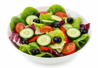 The photograph captures a fresh salad in a white bowl showcasing vibrant green lettuce, sliced cucumbers, halved red tomatoes, and black olives, representing a healthy eating option