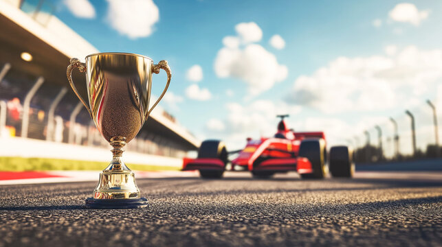 Golden cup trophy standing on the track at Formula 1 red racing car. F1 constructors championship, world champion, Grand prix winner. F1 red car with golden prize for the first place - Powered by Adobe