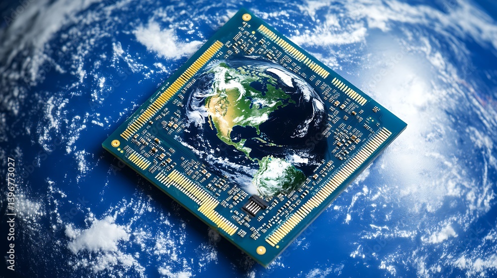 Poster a computer chip with a globe design rests on a blue planet, symbolizing technology and innovation