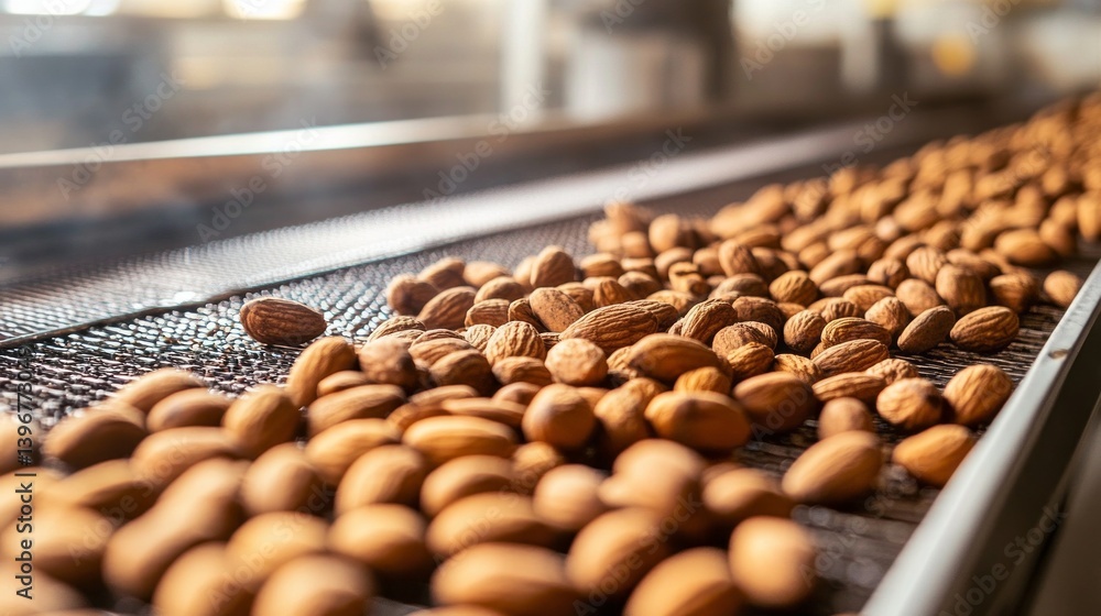 Aufkleber Almonds roll down a conveyor belt in a bustling factory dedicated to nut processing. Workers monitor the quality and ensure efficiency in this automated environment