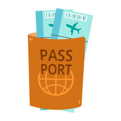 Passport with airline tickets. Flat design in brown and blue. Perfect for travel, vacation, or tourism projects