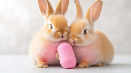Obraz premium Two adorable baby rabbits holding a pink object