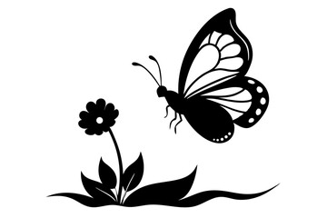 butterfly landing on flower silhouette vector illustration