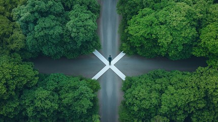 Aerial view of a person standing at a crossroads surrounded by dense greenery. The four paths symbolize decision-making and life's choices in a tranquil natural setting.