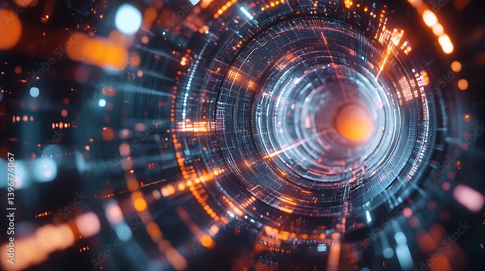 Poster abstract digital tunnel with glowing lights, creating a sense of depth and motion in a futuristic se