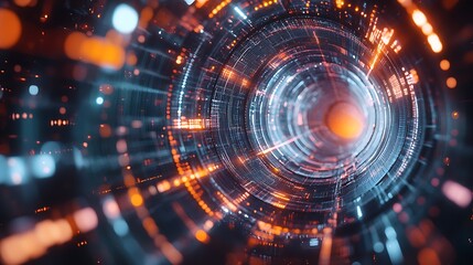 Obraz premium Abstract digital tunnel with glowing lights, creating a sense of depth and motion in a futuristic setting