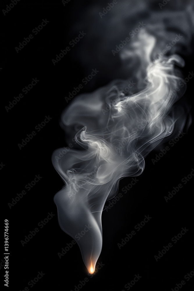Poster mesmerizing swirl of smoke gracefully rises against black background, creating ethereal and mysterio