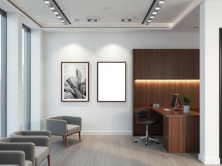 Fototapeta premium A professional office interior showing a mockup of wall art displayed, modern, template, wall art