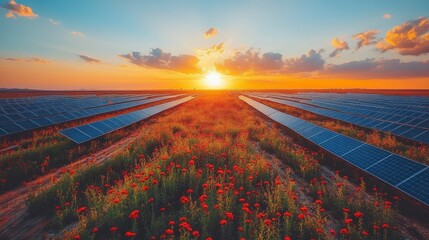 Solar panels line fields as sun sets with bright horizon and red flowers