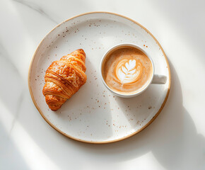 photo top view of cup of coffee with croissant next to it, on white background, warm tones