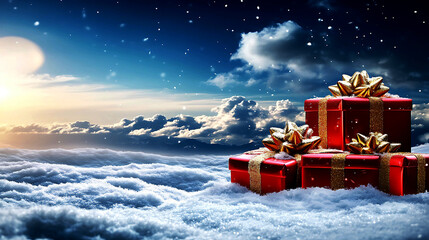 Many big red Christmas gift boxes with wonderful winter scenery during Christmas time.