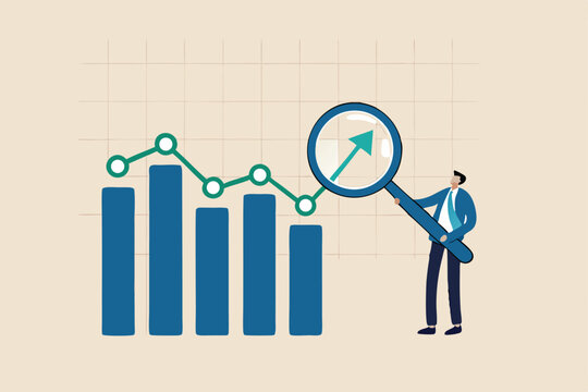 Trend analysis, marketing and sales information, analyze or predict trend line or profit, business forecast report concept, businessman analyst analyze trend graph and chart with magnifying glass.