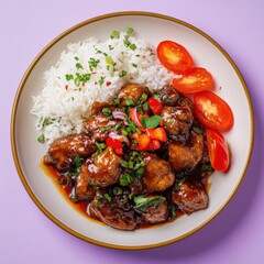 Fototapeta premium Vietnamese Ca Kho To: Caramelized Fish in Clay Pot with Rice and Tomatoes