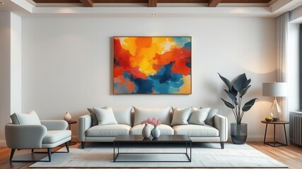 A stylish living room with a modern wall art mockup displaying a vibrant abstract painting, adding a pop of color to the decor, art, lifestyle, interior