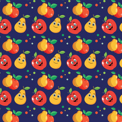 Bright seamless pattern with fruits, cute and funny apples and pears, in cartoon style