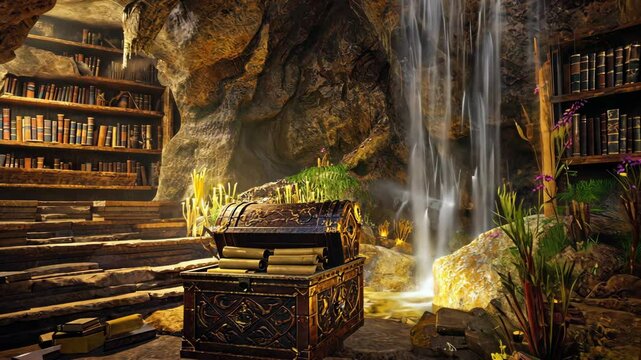 Hidden grotto library with waterfall, treasure chest and ancient scrolls, illuminated with warm lighting, fantasy and adventure concept