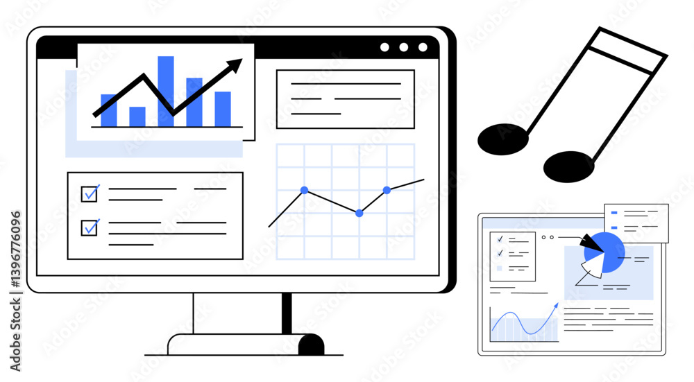 Poster computer monitor with analytics and graphs, music note, and tablet displaying pie chart. ideal for d