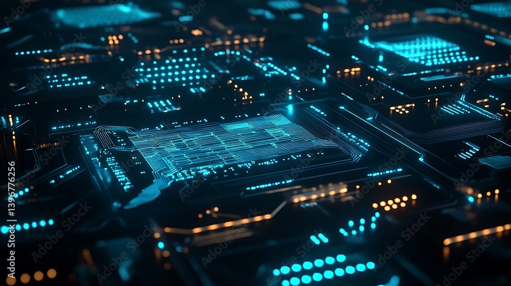 Poster futuristic digital landscape showcasing illuminated circuits and microchips in a high-tech environme