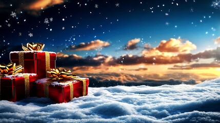 Many big red Christmas gift boxes with wonderful winter scenery during Christmas time.