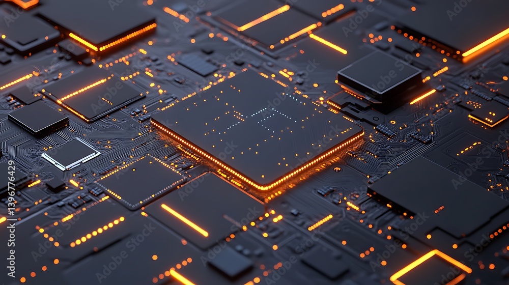 Poster close-up view of a modern microchip circuit board with glowing orange lights, showcasing intricate t