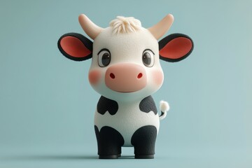 Naklejka premium Cute cartoon cow figure stands on a pastel background, showcasing a playful design and charming features for children's decor