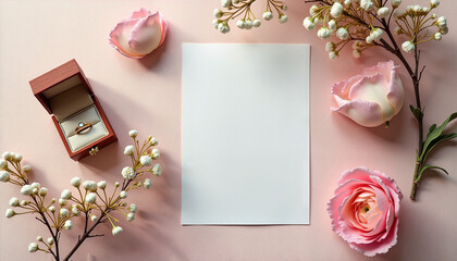 Elegant ring box with flowers on soft pink background