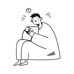 Doodle drawing of a young man sitting and thinking, searching for a solution or answer to a question