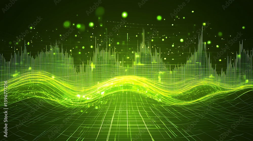 Poster abstract green digital wave pattern with glowing particles and grid lines, symbolizing technology an
