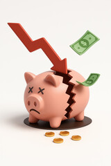 3D Illustration of Cracked Piggy Bank with Downward Arrow &ndash; Financial Crisis Concept