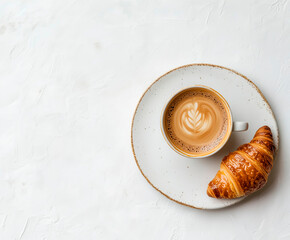 photo top view of cup of coffee with croissant next to it, on white background, warm tones