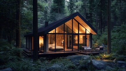 Modern Cabin in Forest Glade with Glass Walls and Warm Lighting