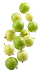 A Collection of Fresh Green Gooseberries Floating in the Air Against a Trensprent Background