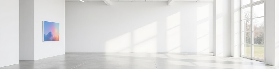 Fototapeta premium Modern bright gallery interior, blank white wall, concrete floor , display, backdrop, stark