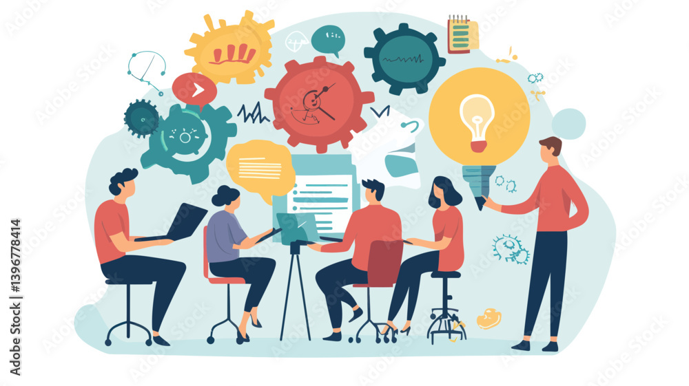 Poster creative team brainstorming and collaboration for research and development with innovative ideas and