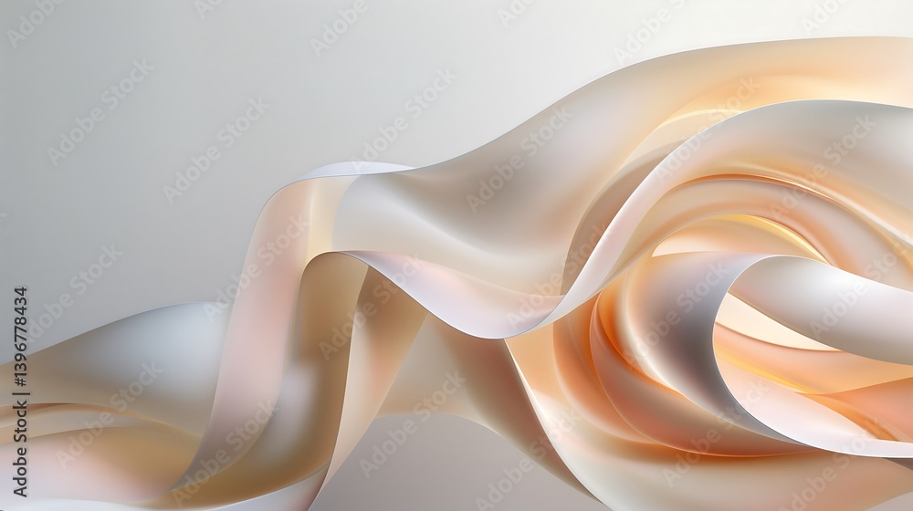 Poster a contemporary smooth 3d abstract composition with ribbon-like forms, soft pastel gradients and glow