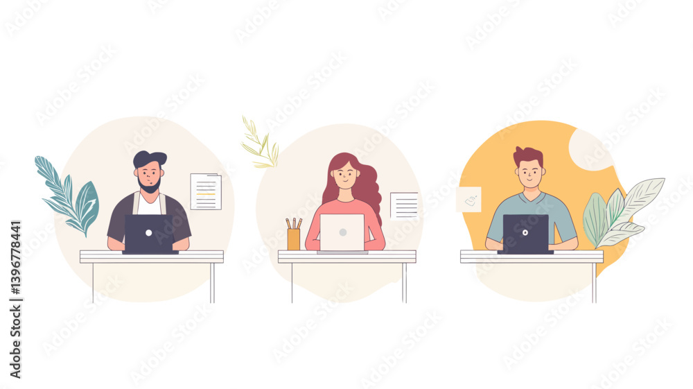 Poster flat design business team working on laptops vector banner - illustrative professional individuals i