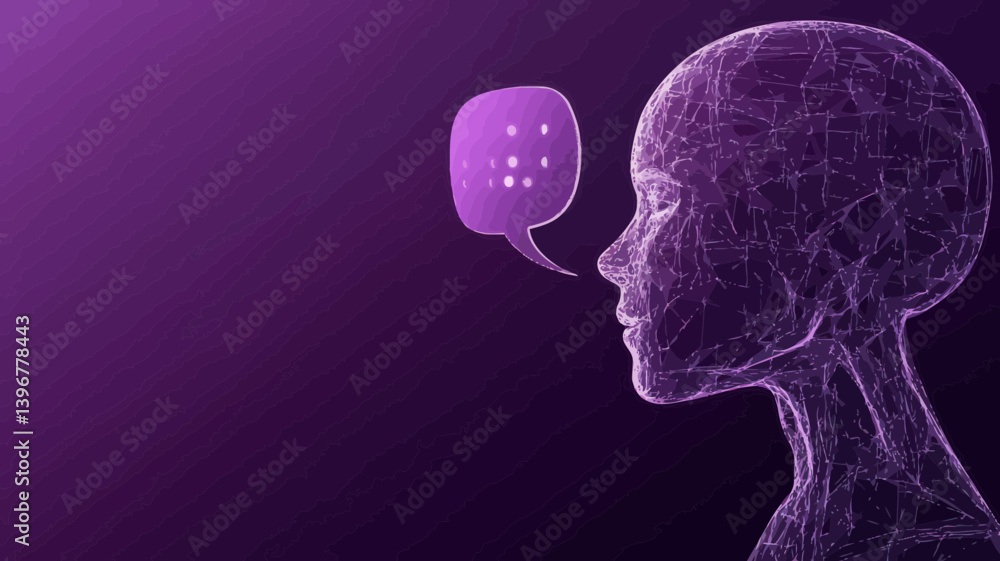Poster futuristic low poly wireframe humanoid robot with talk bubble - abstract ai chatbot concept in minim