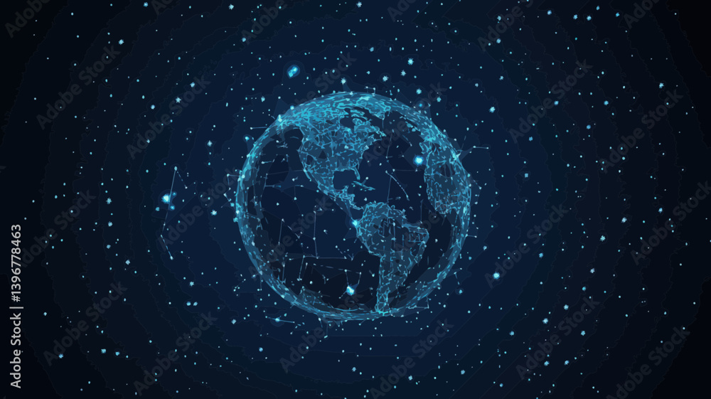 Poster digital wireframe earth in starry space, minimalist abstract vector of planetary network concept, sp