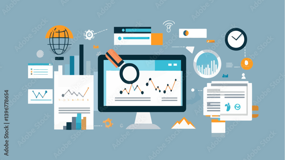 Poster search engine optimization and web analytics vector illustration for business insights and digital m