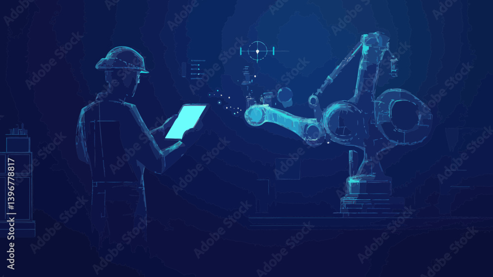 Aufkleber abstract polygonal engineer with tablet controlling robotic arm in smart technology manufacturing pr