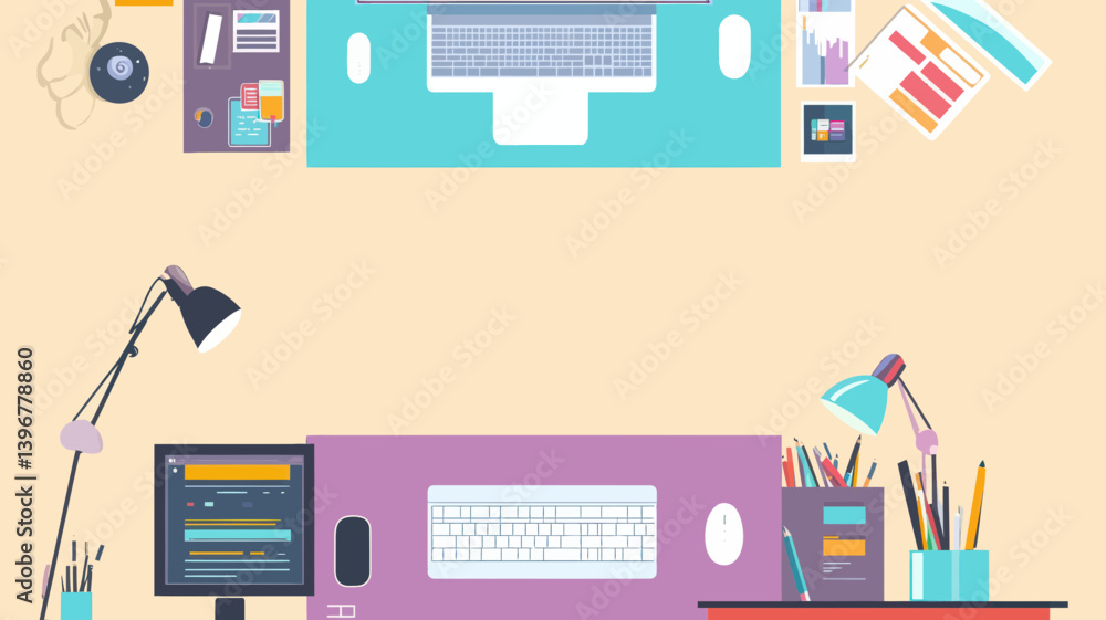 Poster flat design vector banners depicting web development and graphic design desks with computers and off