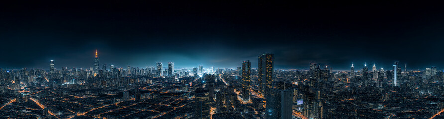 Fototapeta premium Night aerial view city skyline seamless panorama 8K