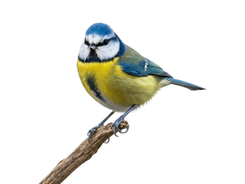 The Blue Tit bird is perched on a weathered twig, its vibrant blue cap, green back, and bright yellow breast contrasting beautifully against the white background.