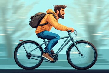Obraz premium Young man riding a bike through a city street on a sunny day under blue skies