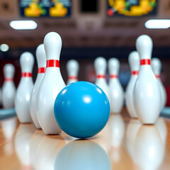Bowling Ball and Pins Ready for Game on Wooden Lane
