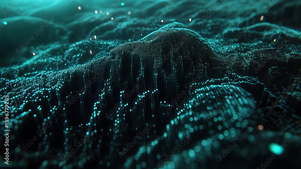 Poster abstract digital landscape with glowing particles and textured hills, creating a futuristic scene