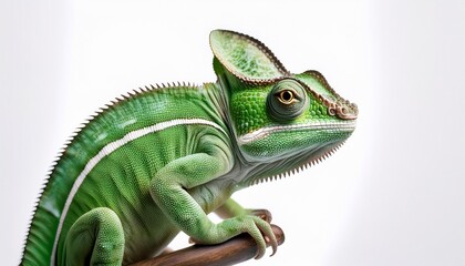 Obraz premium 純粋なホワイトの背景に配置された緑色のカメレオン。その細かい鱗が光を反射し、シンプルでありながら視覚的に力強い印象を与える。背景の白がカメレオンの特徴を際立たせる。
